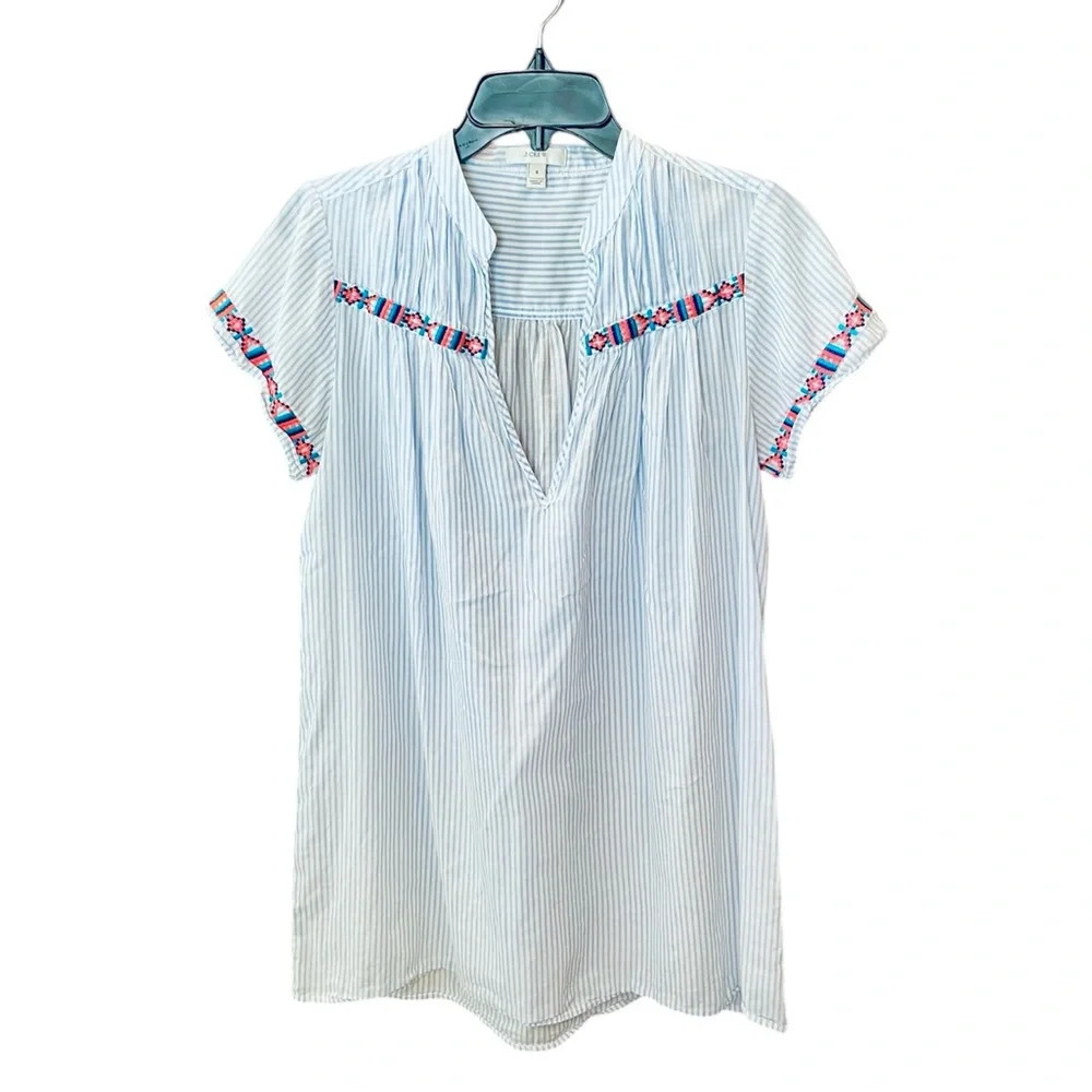 J. Crew short sleeve v-neck embroidered mini tunic dress SZ S blue white pink - Picture 1 of 8